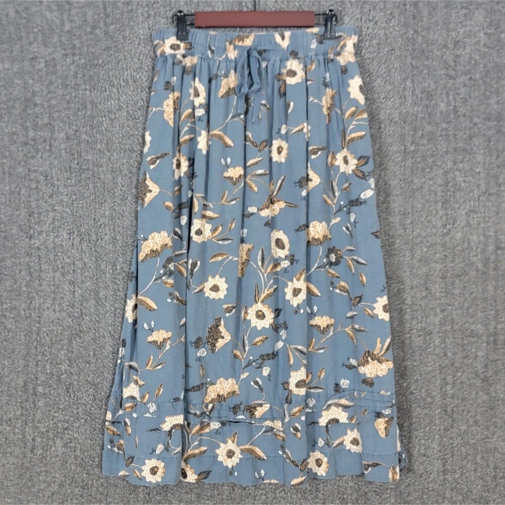 Wonderly Maxi Skirt Womens Medium Grayish Blue Floral Linen Blend Tiered Pull On